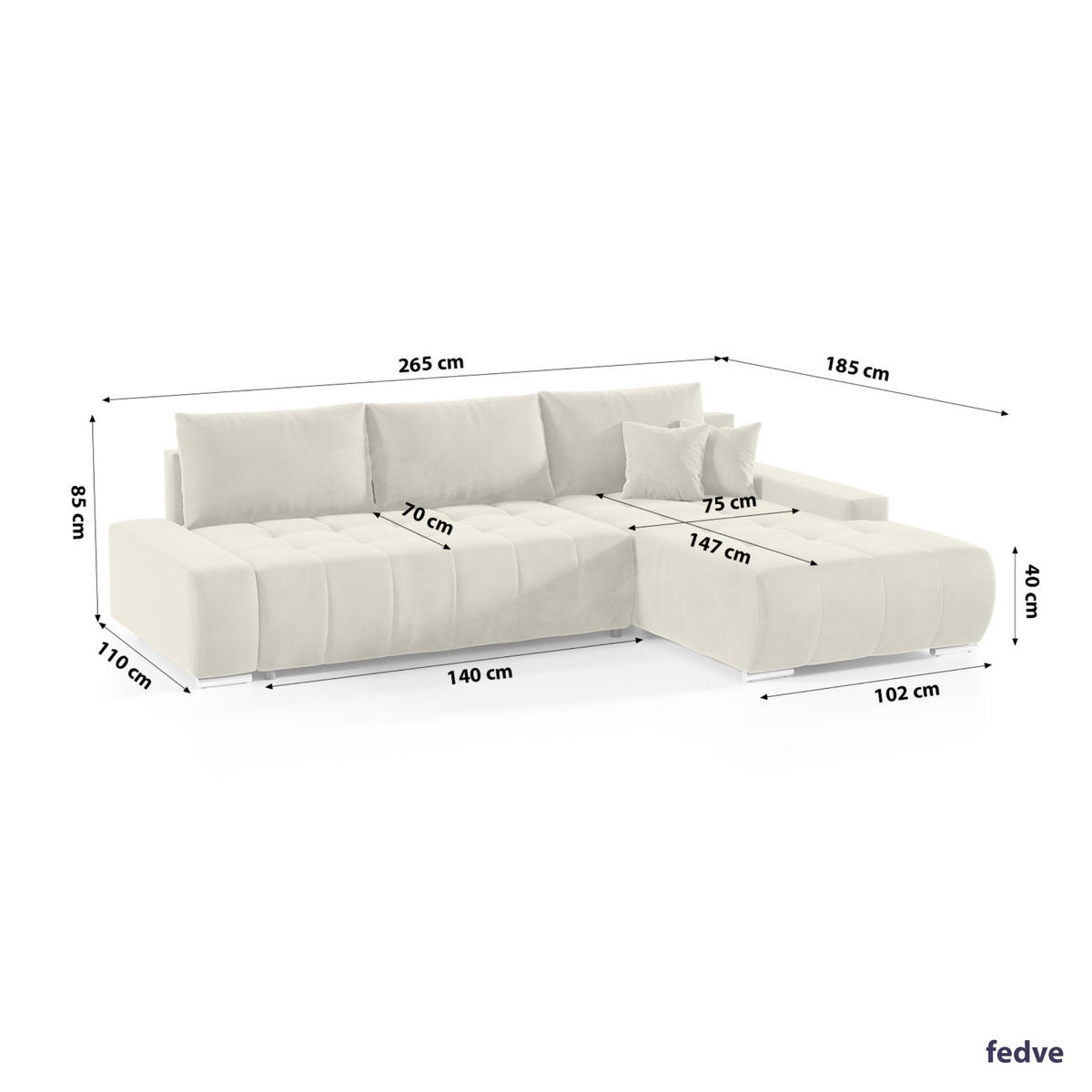 ECKSOFA mit Schlaffunktion Dhaka L, Vanille - Beige, Textil (185/265cm) - Fedve