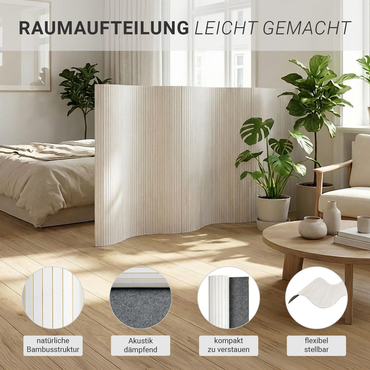 PARAVENT 250/145 cm Weiß Raumteiler Bambus - Weiß, Naturmaterialien (250/145/0.3cm) - Homestyle4u