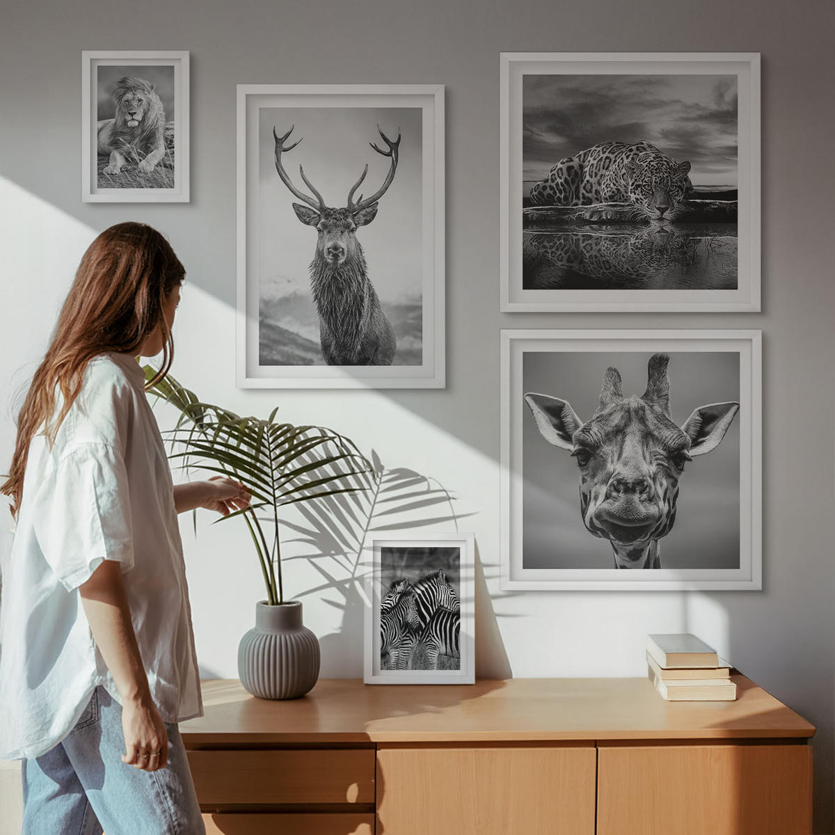 WANDBILDER 5er-Set - 50x50 cm & 20x30 cm & 40x60 cm Weißer Rahmen - Wildtiere Löwe Jaguar Giraffe Zebras - Weiß, Kunststoff (40/60cm) - ArtPrintCave