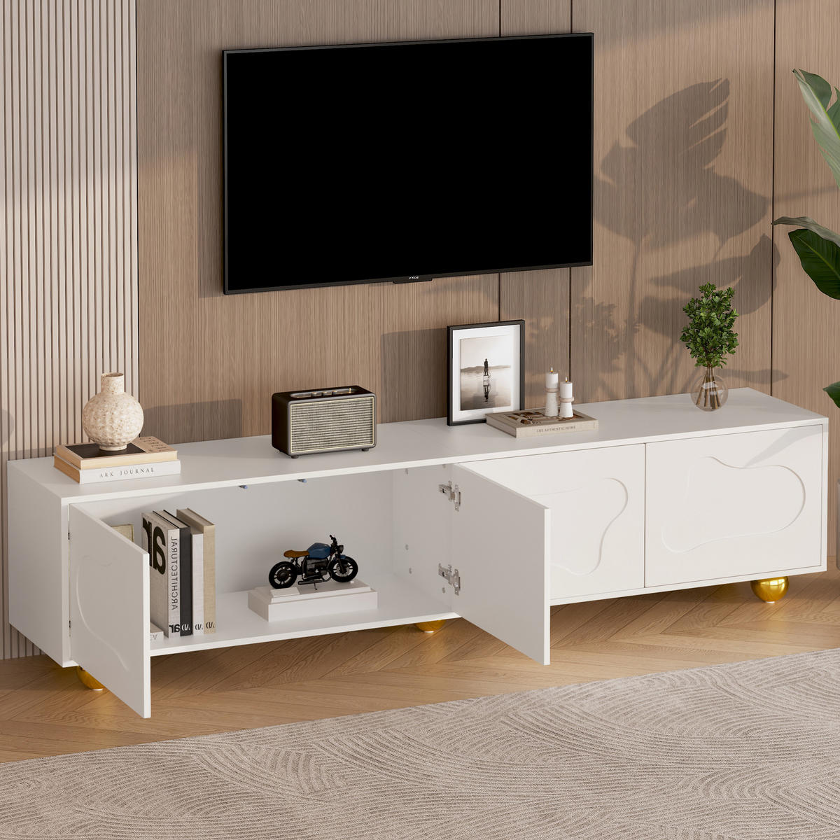 TV-SCHRANK 180/40/45 cm weiß Spanplatte mit 2 Schränken und Wolkenform - Weiß, Holzwerkstoff (180/45/40cm) - OKWISH