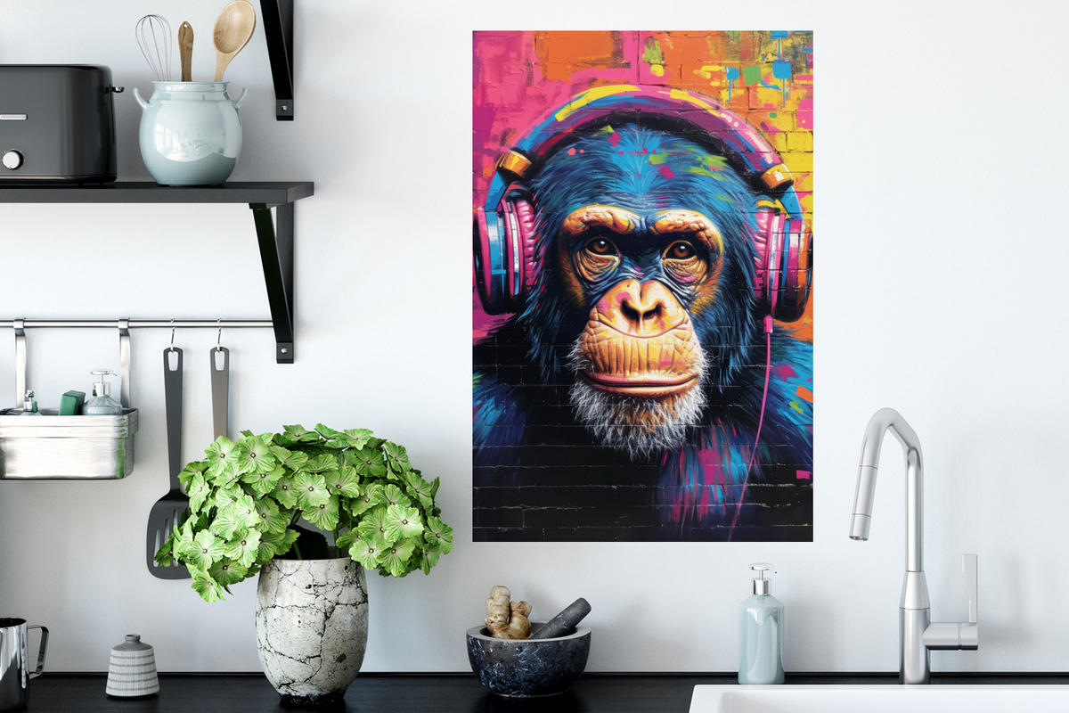 WANDTATTOO Graffiti - Schimpanse - Straßenkunst - Kopfhörer - Affe 40x60 cm - Blau, Kunststoff (40/60/0.1cm) - MuchoWow
