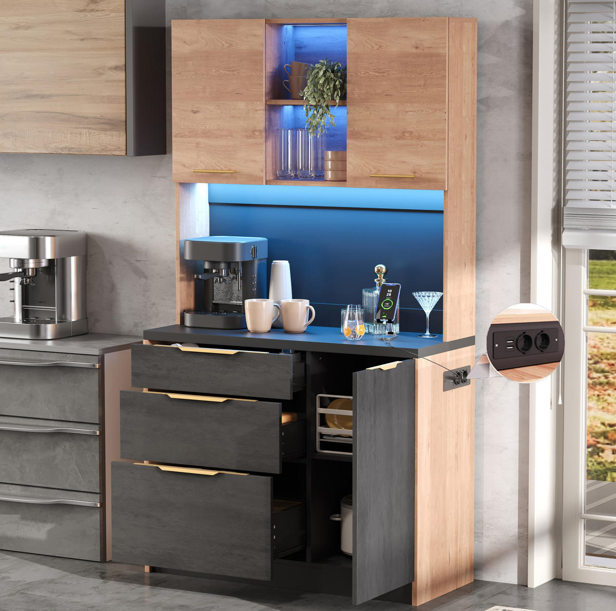 KÜCHENHOCHSCHRANK mit LED und Steckdose ca. 100 x 40 x 180 cm MDF Neutral - Braun, Holzwerkstoff (40/180/100cm) - Meubliv