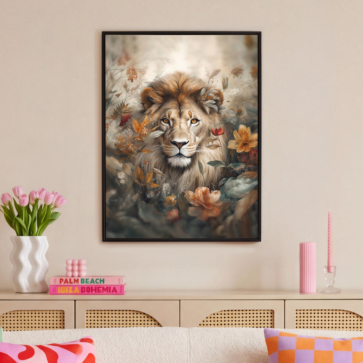 LEINWAND Bilder mit Rahmen - Löwe - Wildtiere - Pflanzen - Natur - Blumen - 70x100 - Beige, Textil (70/100cm) - MuchoWow
