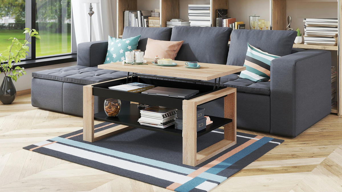 COUCHTISCH rechteckig Sonoma Eiche - Schwarz aufklappbar 110/65/50 cm - Schwarz/Sonoma Eiche, Holzwerkstoff (65/110/50cm) - designimpex