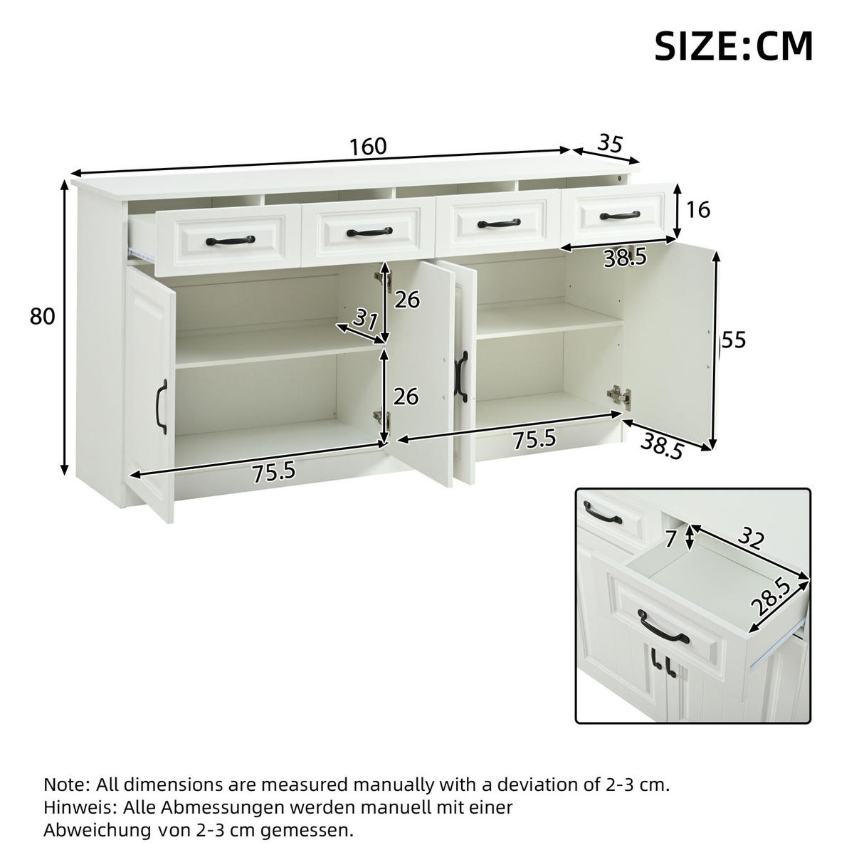 SIDEBOARD 160/35/80 cm weiß aus MDF mit 4 Schubladen und 4 Türen - Weiß, Holzwerkstoff (35/80/160cm) - OKWISH