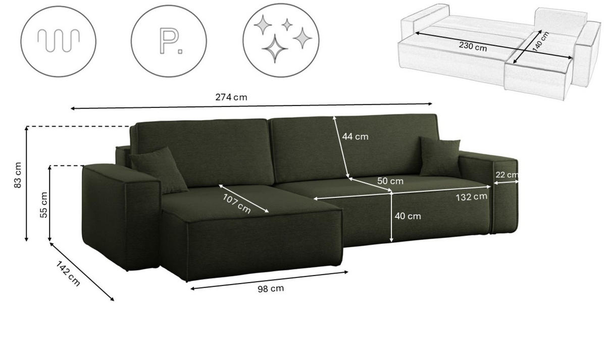 ECKSOFA Mit Schlaffunktion Und Bettkasten, Eckcouch Best XL Stoff Verita Dunkelgrün Links - Dunkelgrün, Holz (145/274cm) - Kaiser Möbel