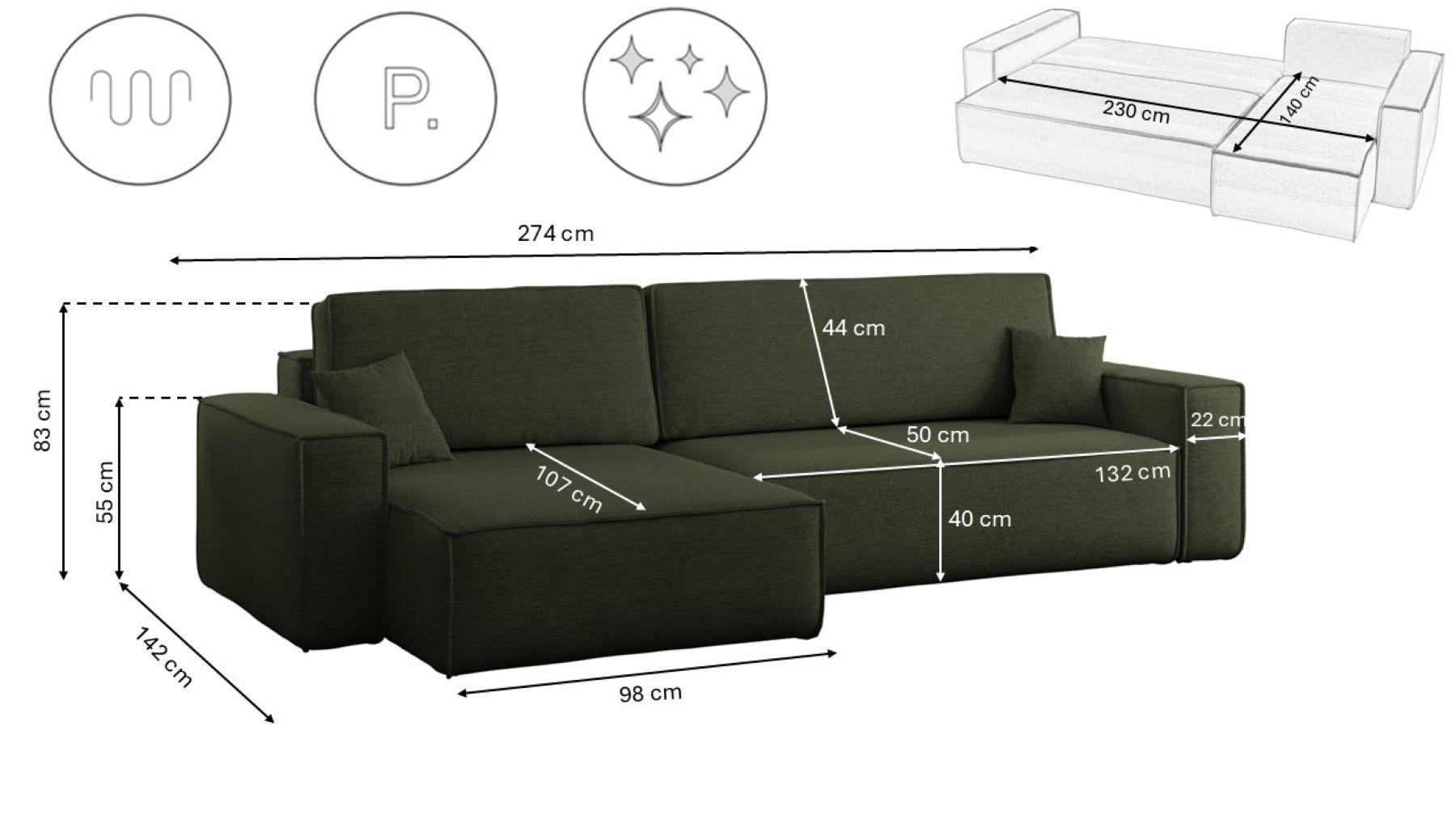 Thumbnail - Kaiser Möbel Ecksofa, Dunkelgrün, Holz, 4-Sitzer, Füllung: Komfortschaum,Komfortschaum, L-Form, 274x145 cm, Wohnzimmer, ...