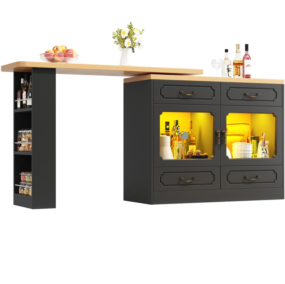 ESSZIMMERSCHRANK aus MDF 135-203x39x92,8cm in Schwarz mit LED - Schwarz, Holzwerkstoff (39/92.8/203cm) - Modfu