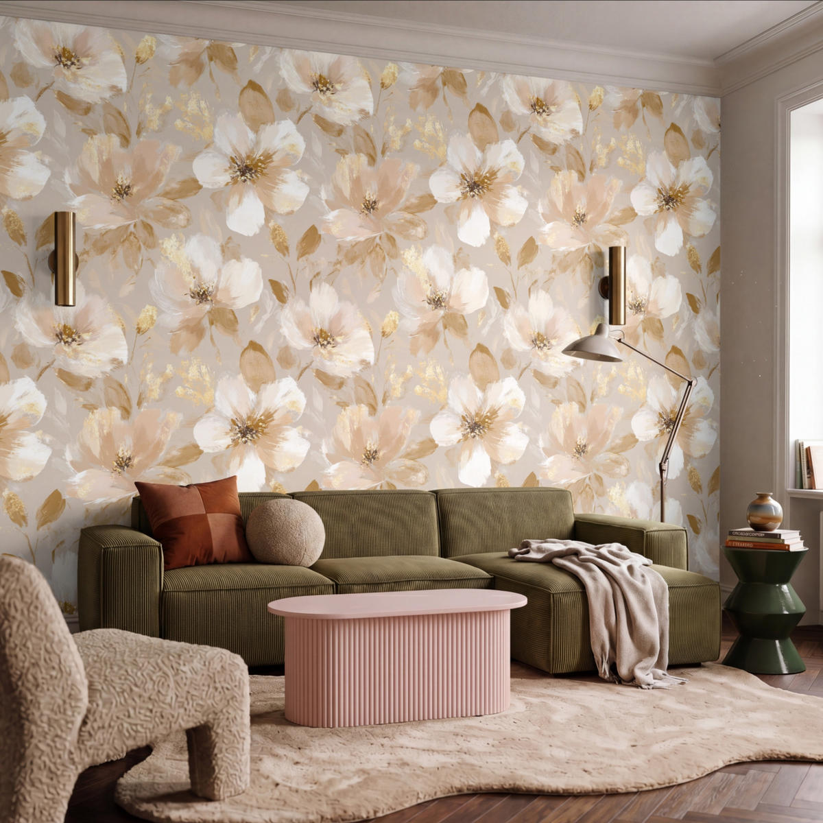 TAPETE - Blumen - künstlerisch - Gold - 400x300 cm - Beige, Papier (400/300cm) - OnlyWow