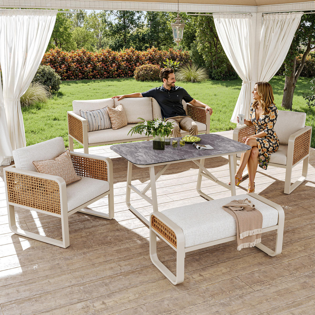 LOUNGESET 6-7 Personen Beige PE-Rattan Mit Waschbaren Kissen - Beige, Metall - FLIEKS