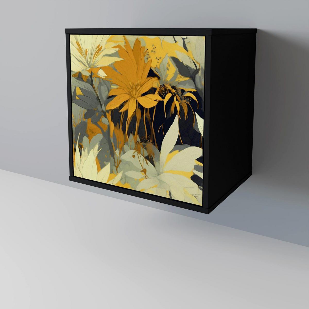 SIDEBOARD SUNKISSED LILY, Schwarz, 57,5x42x75,5 cm, Goldfarbene Metallfüße - Goldfarben/Multicolor, Holzwerkstoff/Metall (57.5/75.5/42cm) - SpaceRebels