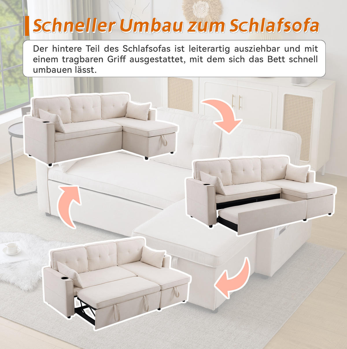 SCHLAFSOFA aus Baumwoll-Leinen mit Stauraum & Getränkehaltern, 211/130/86 cm, Beige - Beige, Textil (130/86/211cm) - Redom