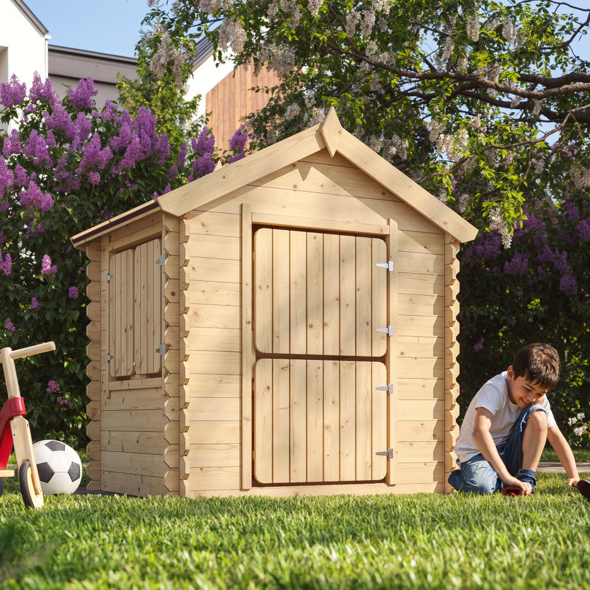 KINDERSPIELHAUS aus Holz 1,1m2 - MIT BÖDEN – B112xL146xH145 cm - M516 - Beige, Holz (146/145/112cm) - Timbela
