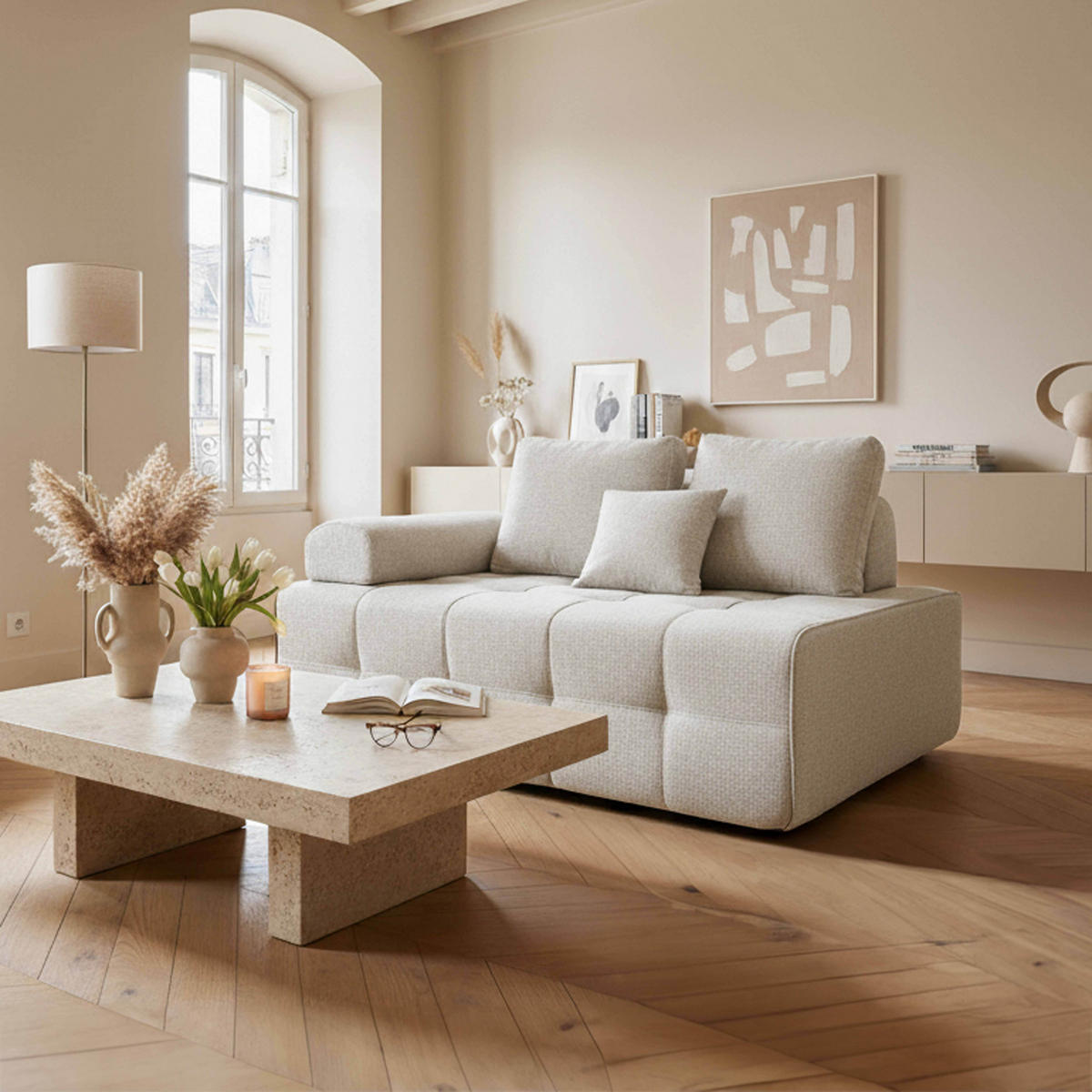 RECHTER SESSEL, Ekru - Weiß, Textil (112/65/140cm) - Oviala