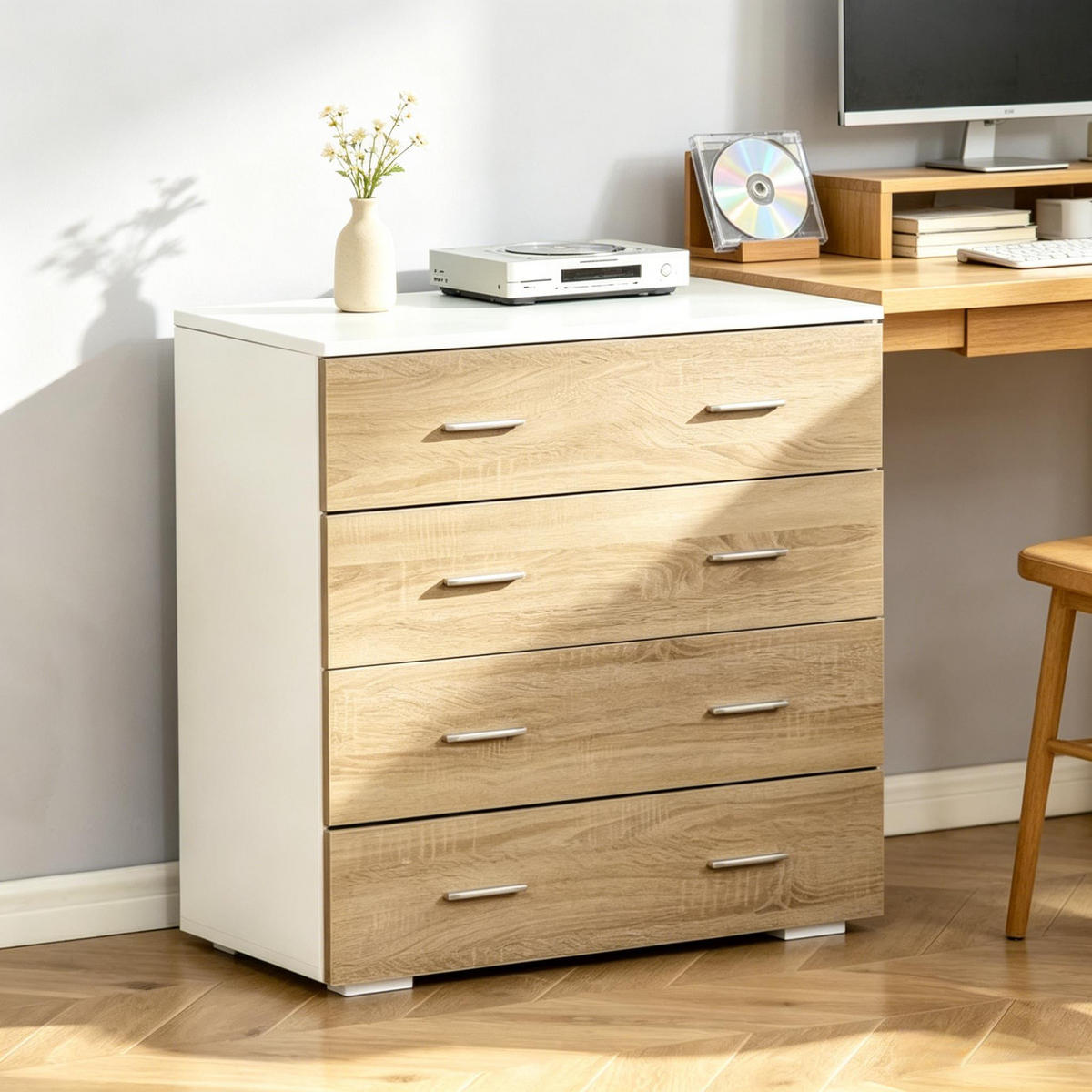 KOMMODE DE-38081 76/35/72 cm mit 4 Schubladen Weiß/Helles Holz - Eichefarben, Holzwerkstoff (76/72/35cm) - ComfortXL