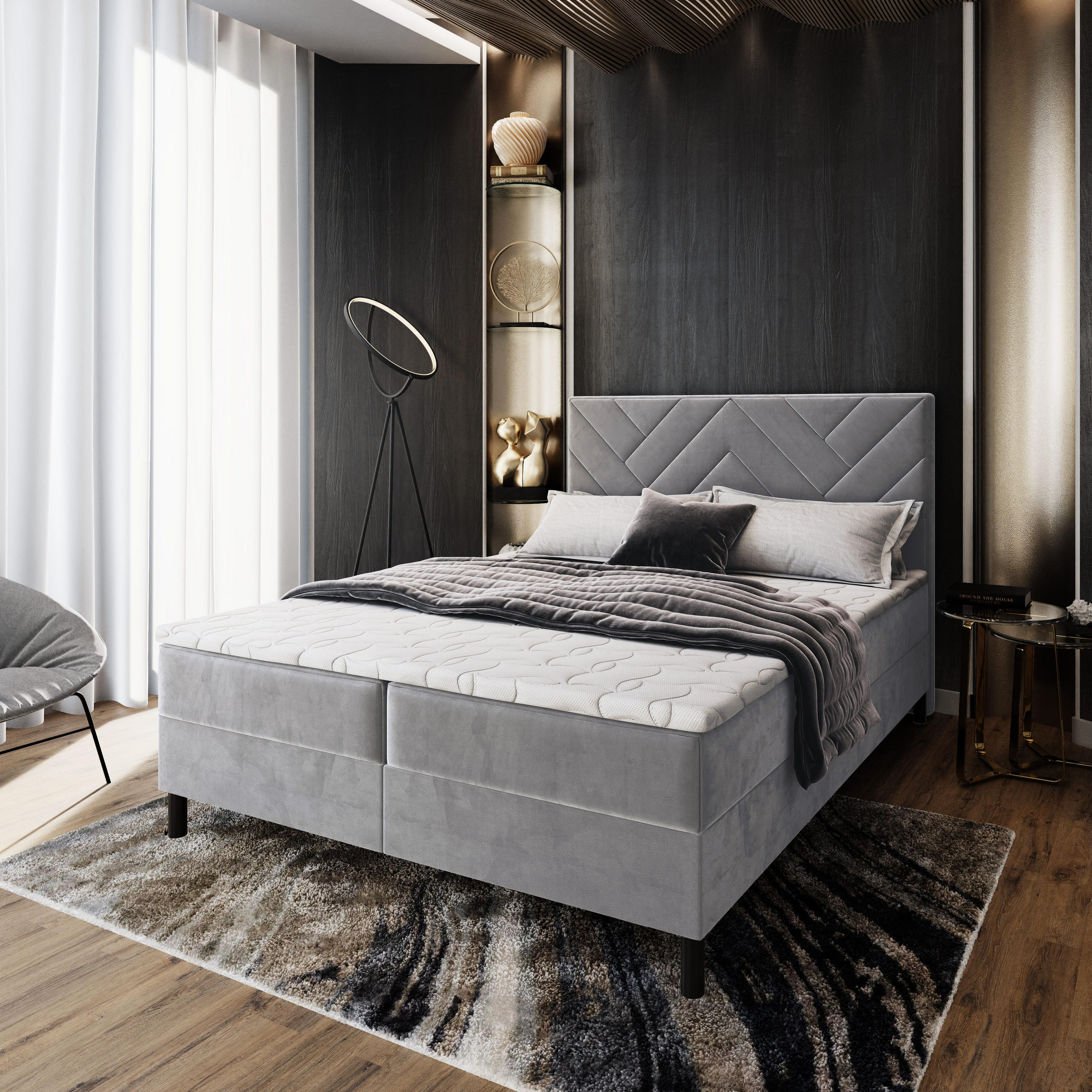 BOXBETT ROKIS 140x200 cm mit Matratze und Topper - Hellgrau - Hellgrau, Holz (140/200cm) - MASSENO