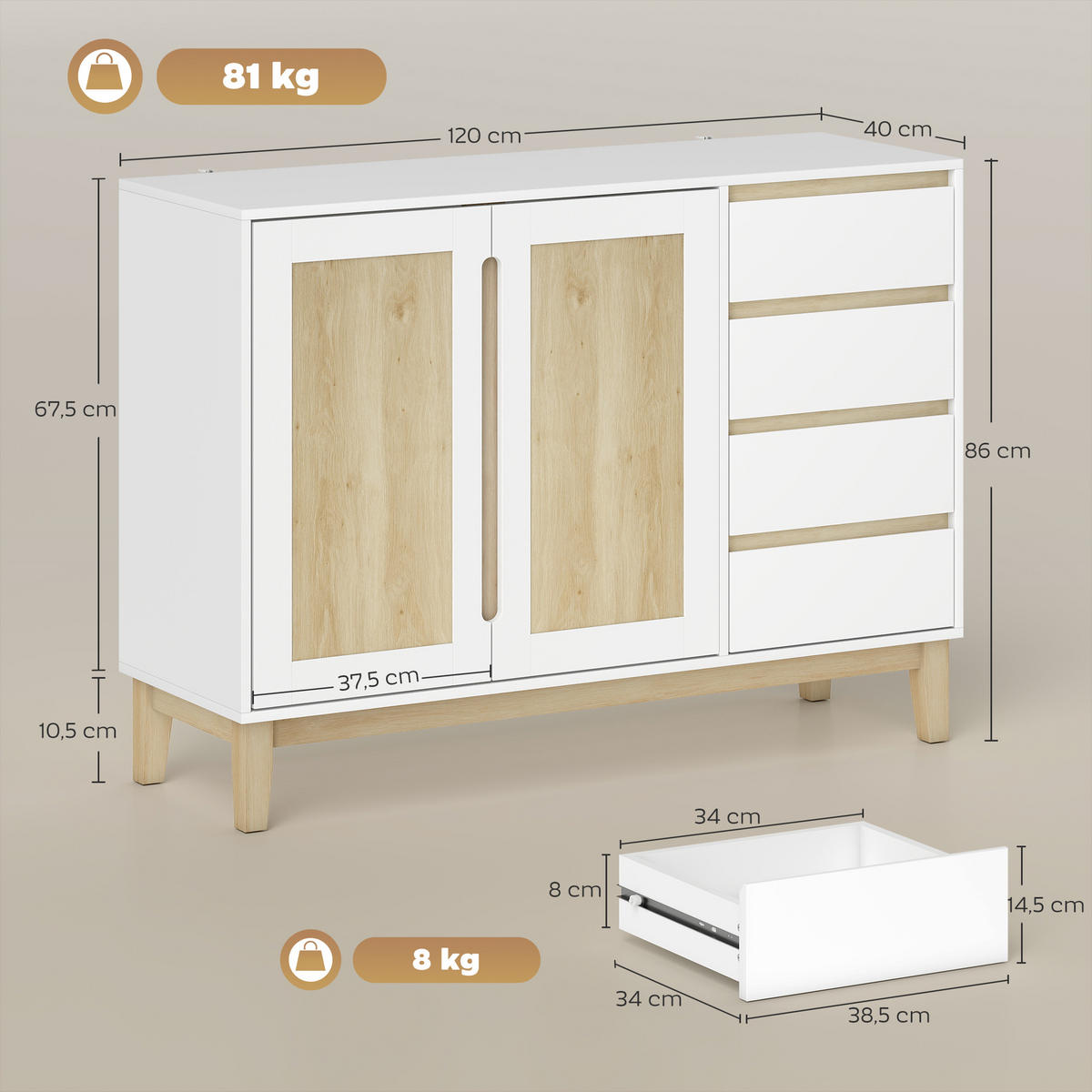 SIDEBOARD Weiß und Eichenfarben 120/40/86 cm - Weiß, Holzwerkstoff (120/86/40cm) - PANGIVO