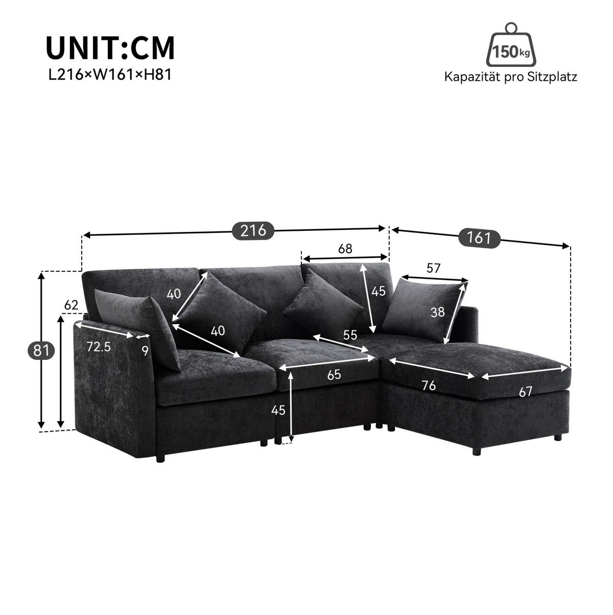 ECKSOFA 216/161/81 cm grau aus Chenille modular mit Hocker - Grau, Textil (161/216cm) - OKWISH