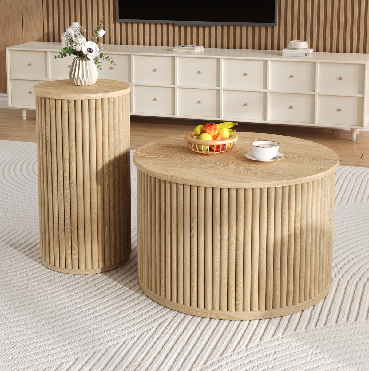 SET klubskih stolića 60/60/38,5 i 30/30/56 cm prirodne boje od MDF-a s 3D prugastim uzorkom - prirodne boje, drvni materijal (60/60/38.5cm) - OKWISH