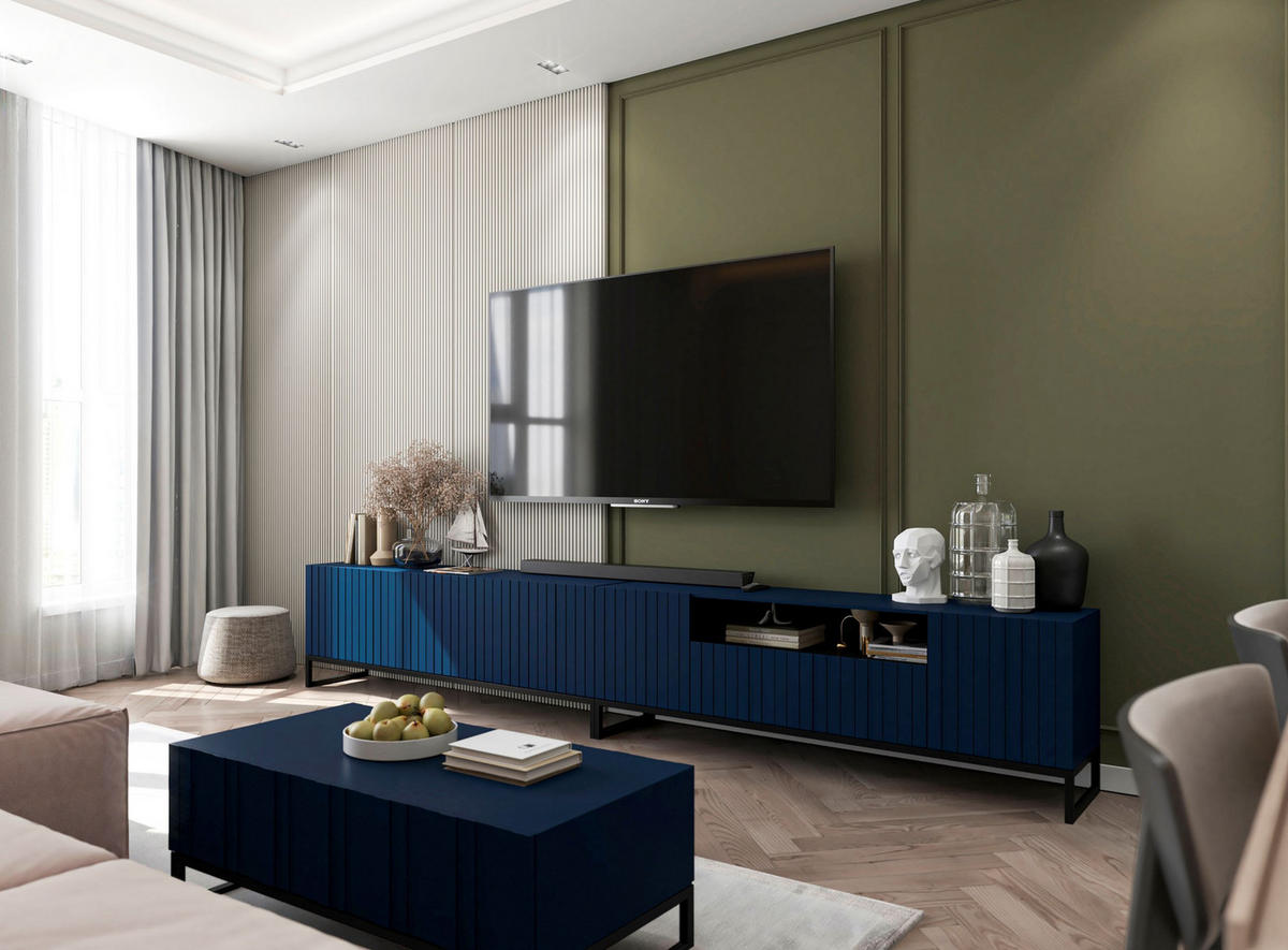 TV-SCHRANK Elpis2 Marineblau Matt mit Metallrahmen Glamour 150 cm - Blau/Schwarz, Holzwerkstoff/Metall (150/51.5/36.5cm) - Meble Lindner
