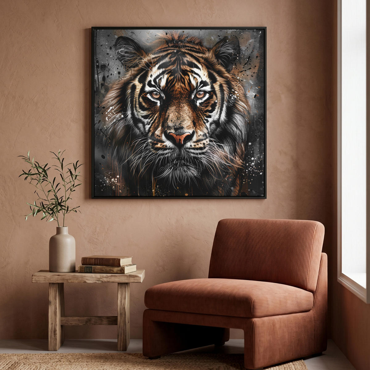 LEINWAND Bilder mit Rahmen - Tiger - Tiere - Porträt - Luxus - Schwarz - 90x90 - Braun, Textil (90/90cm) - MuchoWow