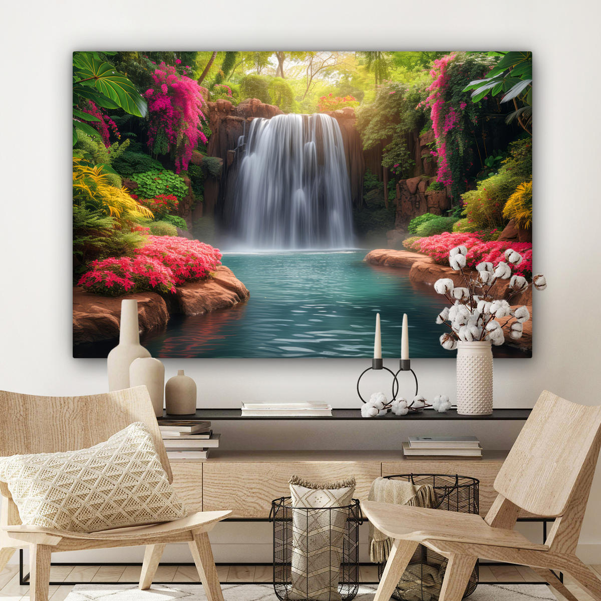 LEINWANDBILD Wasserfall - Natur - Pflanzen - Dschungel - Wasser Wohnzimmer Groß 120x80 cm - Grün, Textil (120/80cm) - MuchoWow