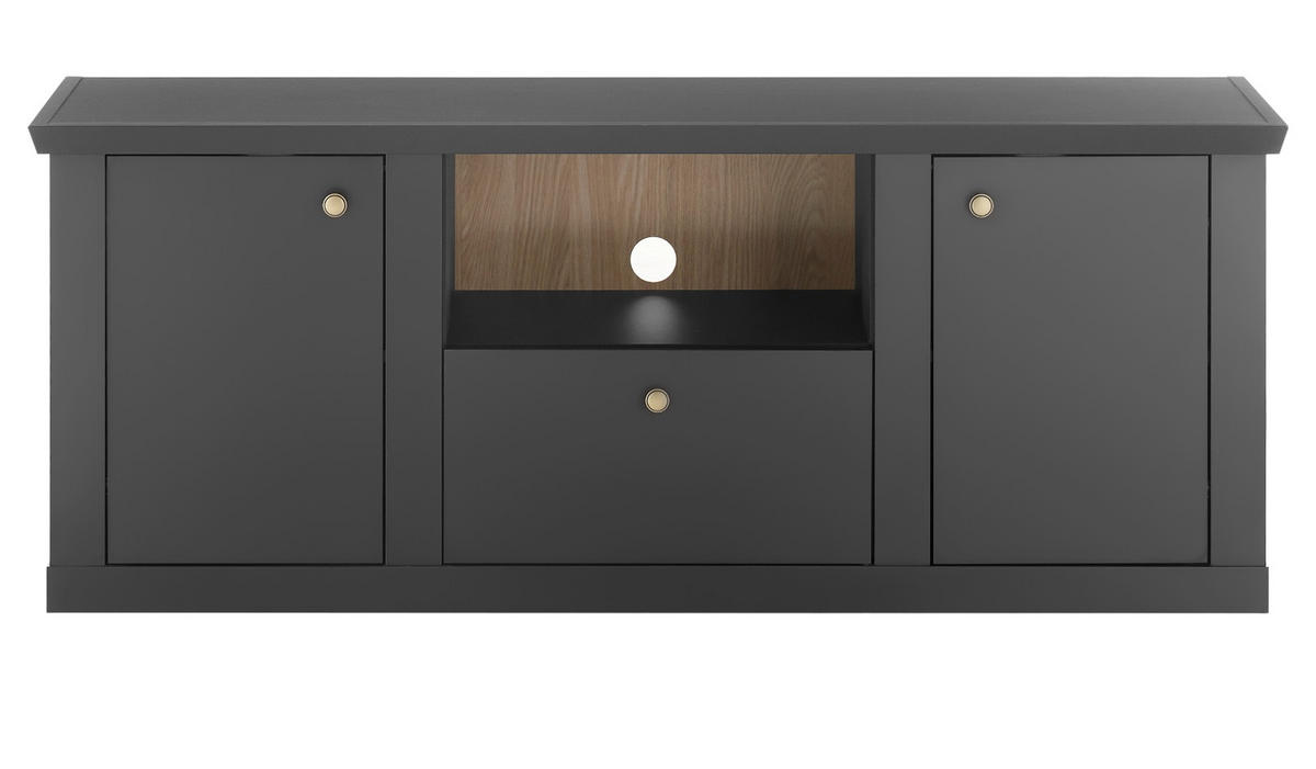 TV-LOWBOARD schwarz matt, Eiche Landhaus 158 cm, TV Unterteil mit Soft-Close - Eichefarben/Messingfarben, Holzwerkstoff/Metall (158/62/42cm) - Furn.Design