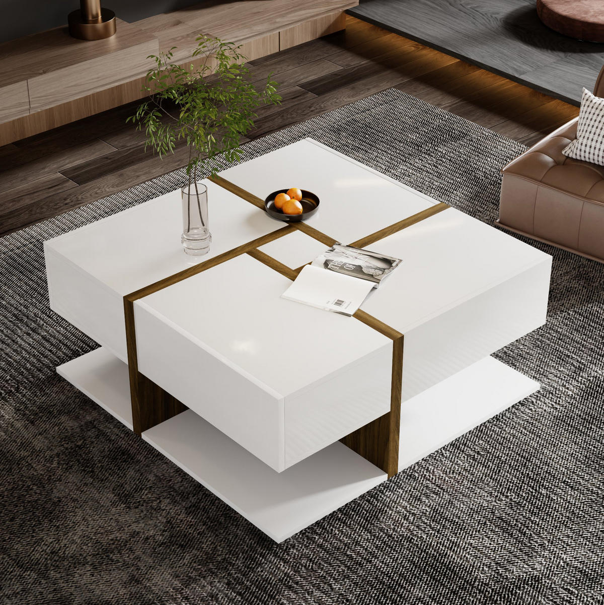 COUCHTISCH 78/78/34,8 cm in Weiß mit Hochglanzoberfläche und 4 Schubladen - Weiß, Holzwerkstoff (78/78/34.8cm) - Flora Grace
