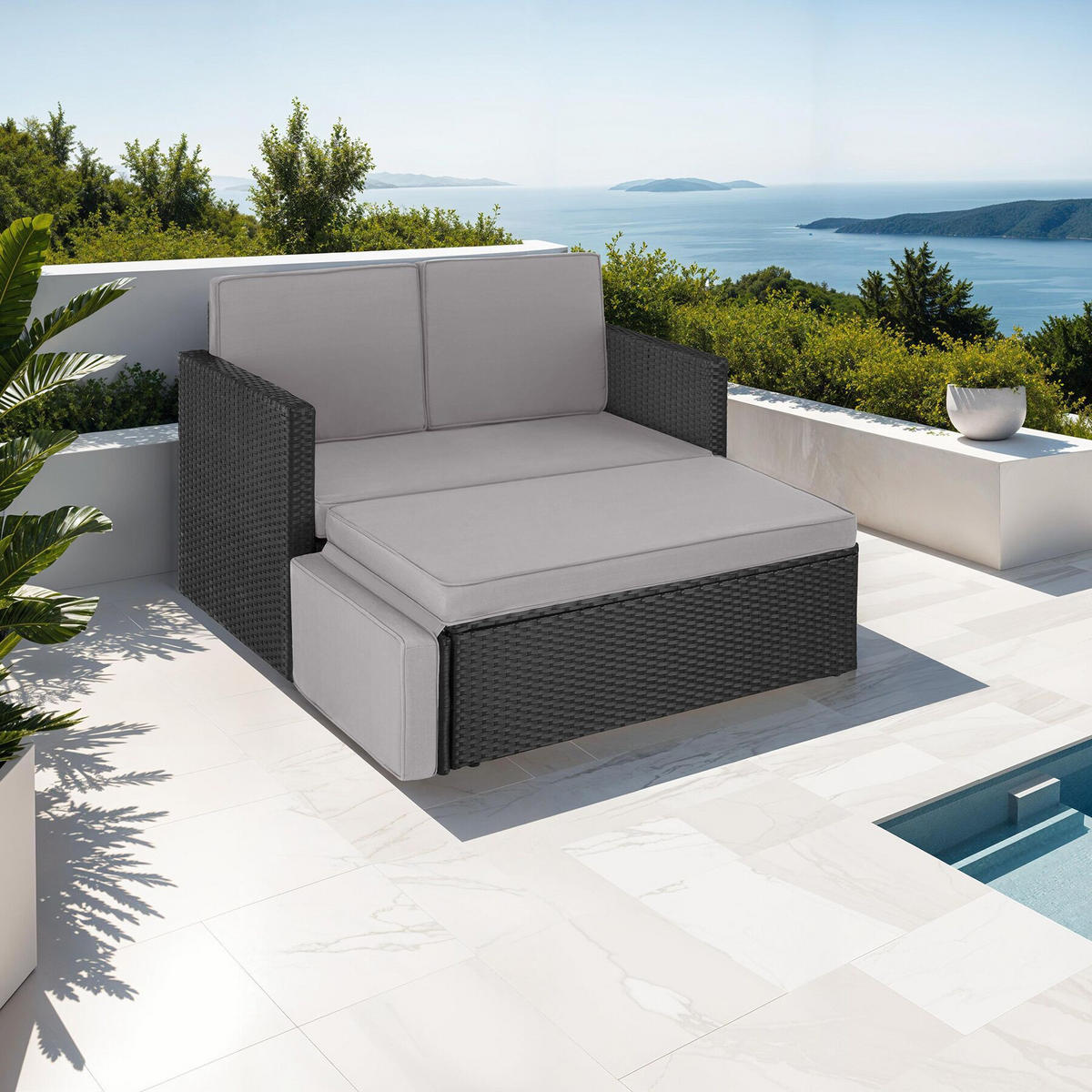 RATTANLOUNGE Korfu, Hocker mit klappbarer Stütze, schwarz/grau - Schwarz/Grau, Kunststoff - tectake