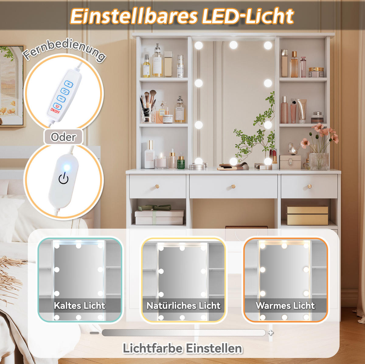 SCHMINKTISCH aus Spanplatte 110x40x151 cm Weiß mit LED-Beleuchtung, Spiegel und viel Stauraum - Weiß, Holzwerkstoff (110/151/40cm) - Modfu