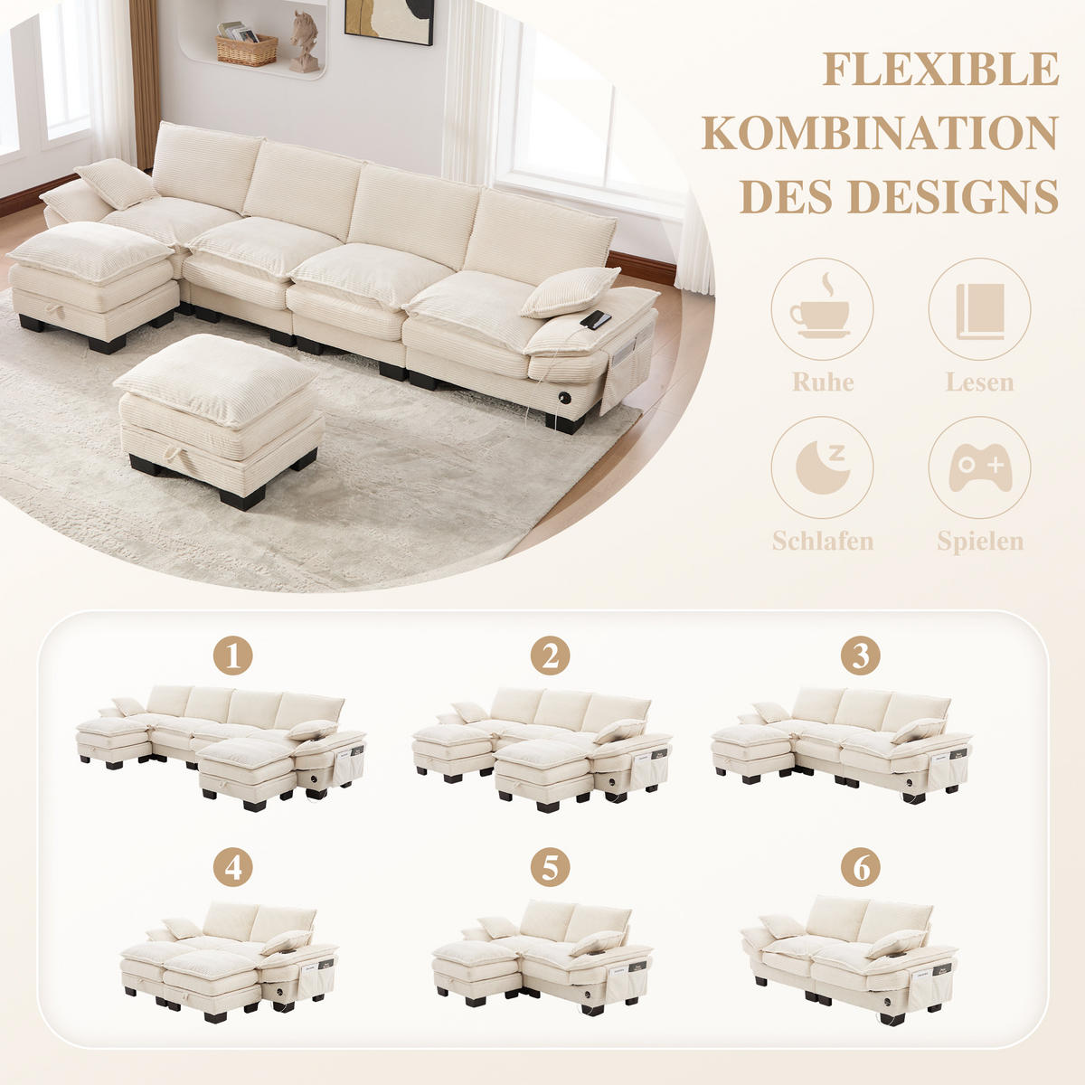 WOHNLANDSCHAFT Cord Beige mit USB-C, Seitentaschen und 2 Hockern - Beige, Holzwerkstoff/Kunststoff (330/84/132cm) - WISHDOR