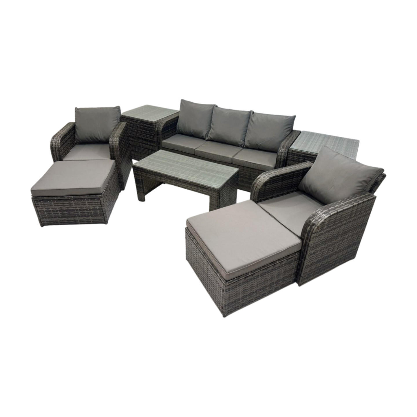 GARTENSOFA SET mit LIEGESTUHL Polyrattan 7-Sitzer Dunkelgrau - Dunkelgrau/Grau, Glas/Kunststoff - Fimous