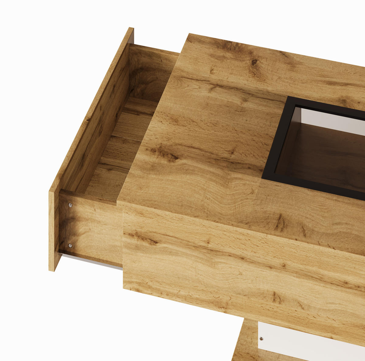 COUCHTISCH aus Spanplatte mit Glas 110,2x60x39,7 cm Natur/Weiß/Schwarz mit 2 Schubladen und LED-Beleuchtung - Naturfarben, Holzwerkstoff (110.2/60/39.7cm) - Modfu