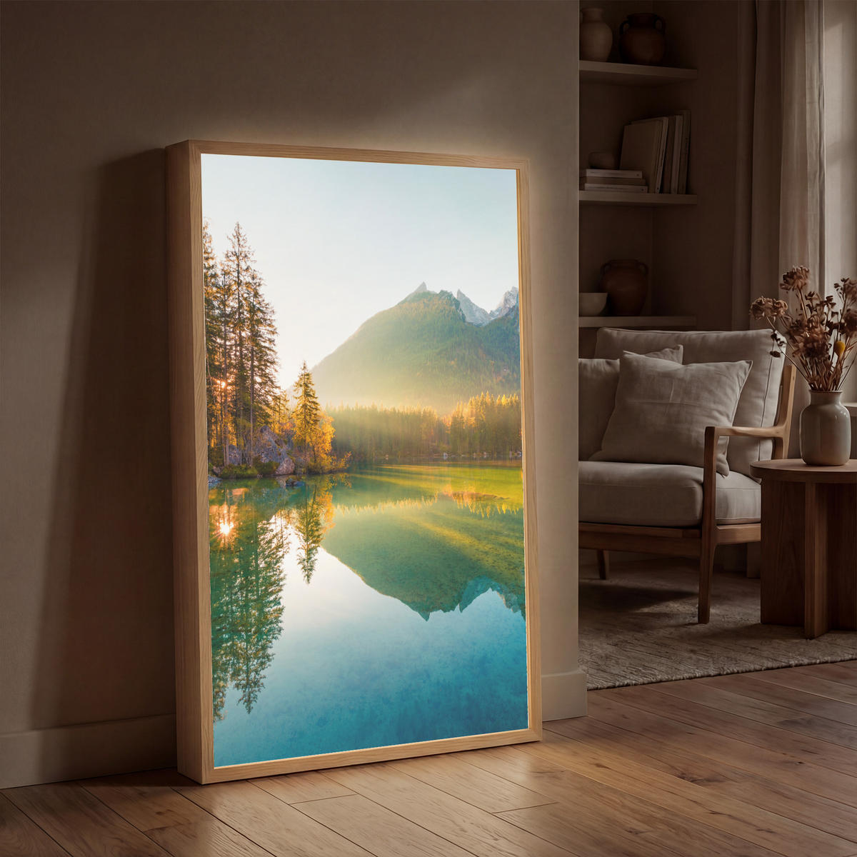 WANDLEUCHTE MIT AKKU See - Wald - Berge - Natur - Sonne - Landschaft 60x90 cm - Grün, Holzwerkstoff (60/90/8cm) - OnlyWow