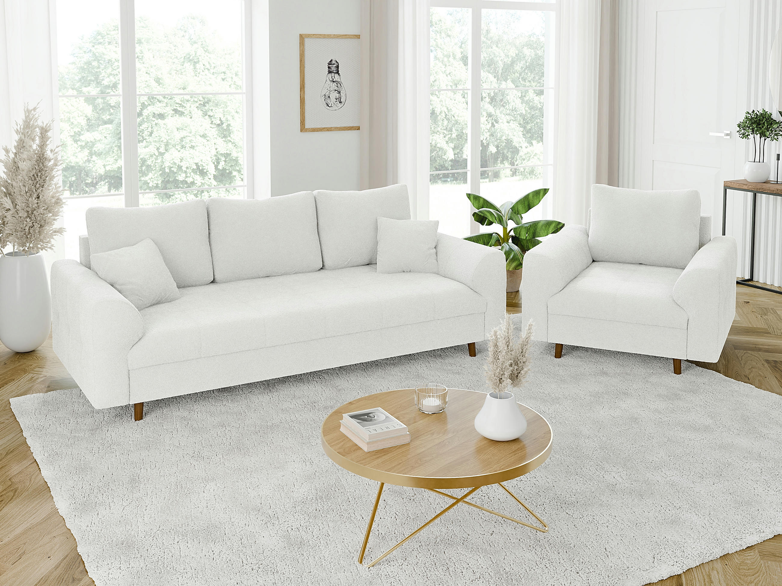 SITZGARNITUR 3+1 Henrik Weiß Boucle - Weiß/Braun, Holz/Textil (210/81/93cm) - S-Style Möbel