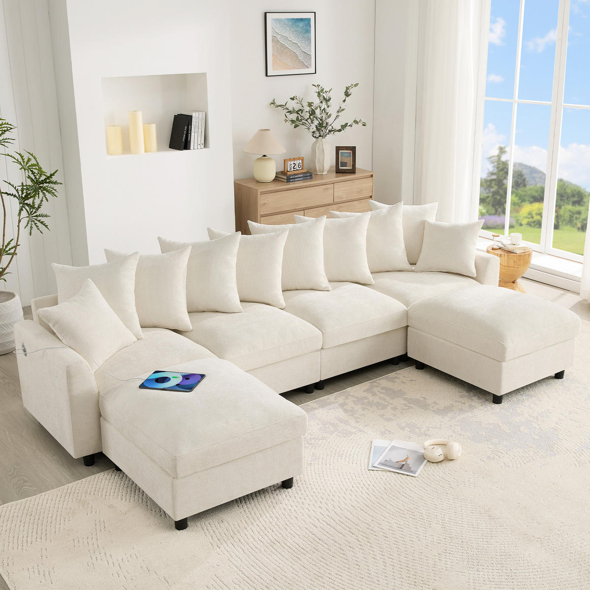 ECKSOFA Modular, Beige, Waffel-Chenille, 6-Sitzer, 2 Hocker - Beige, Textil (153.5/283cm)