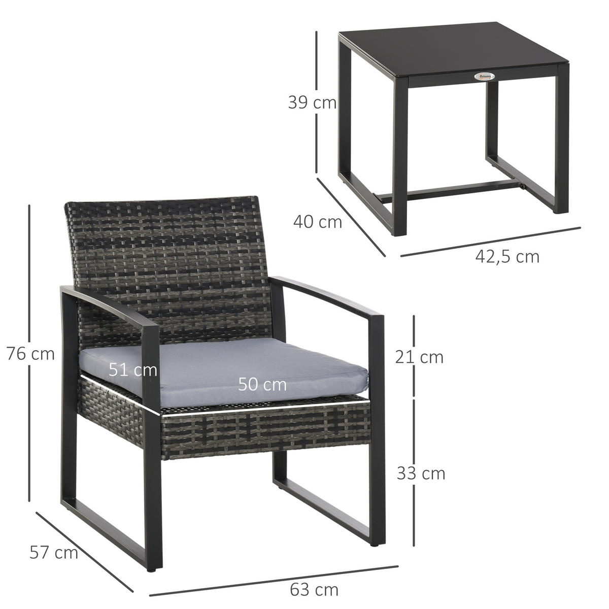 BISTROSET Polyrattan Grau 3-tlg. - Grau, Metall - ComfortXL