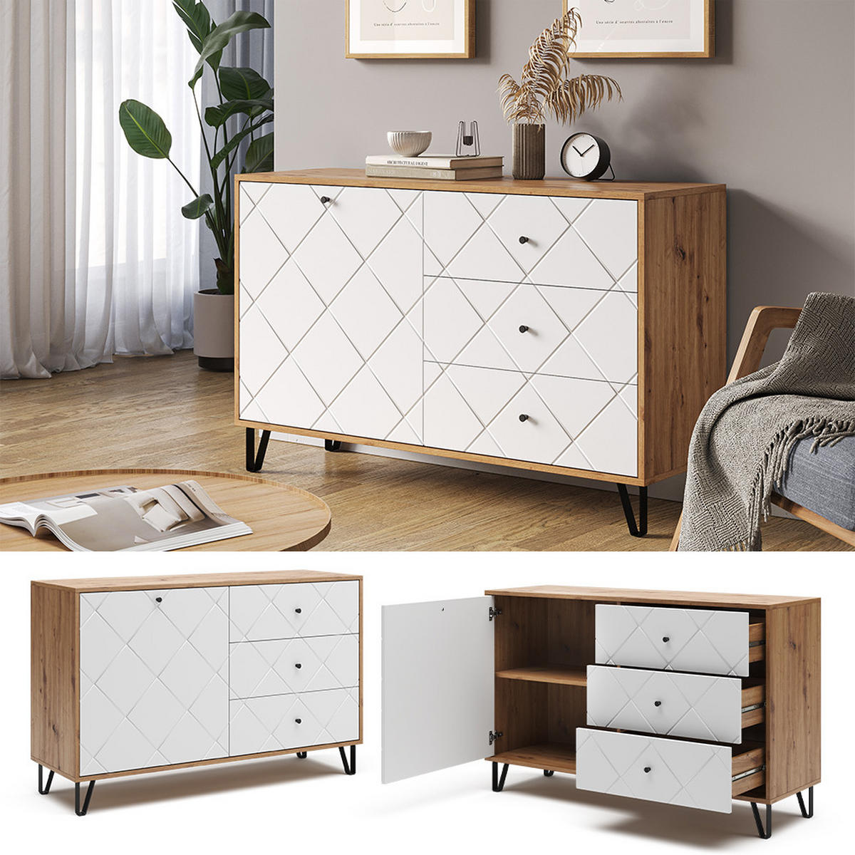 KREDENC Nizza Řemeslný dub - bílá/dub artisan, kompozitní dřevo (40/78/128cm) - Vicco