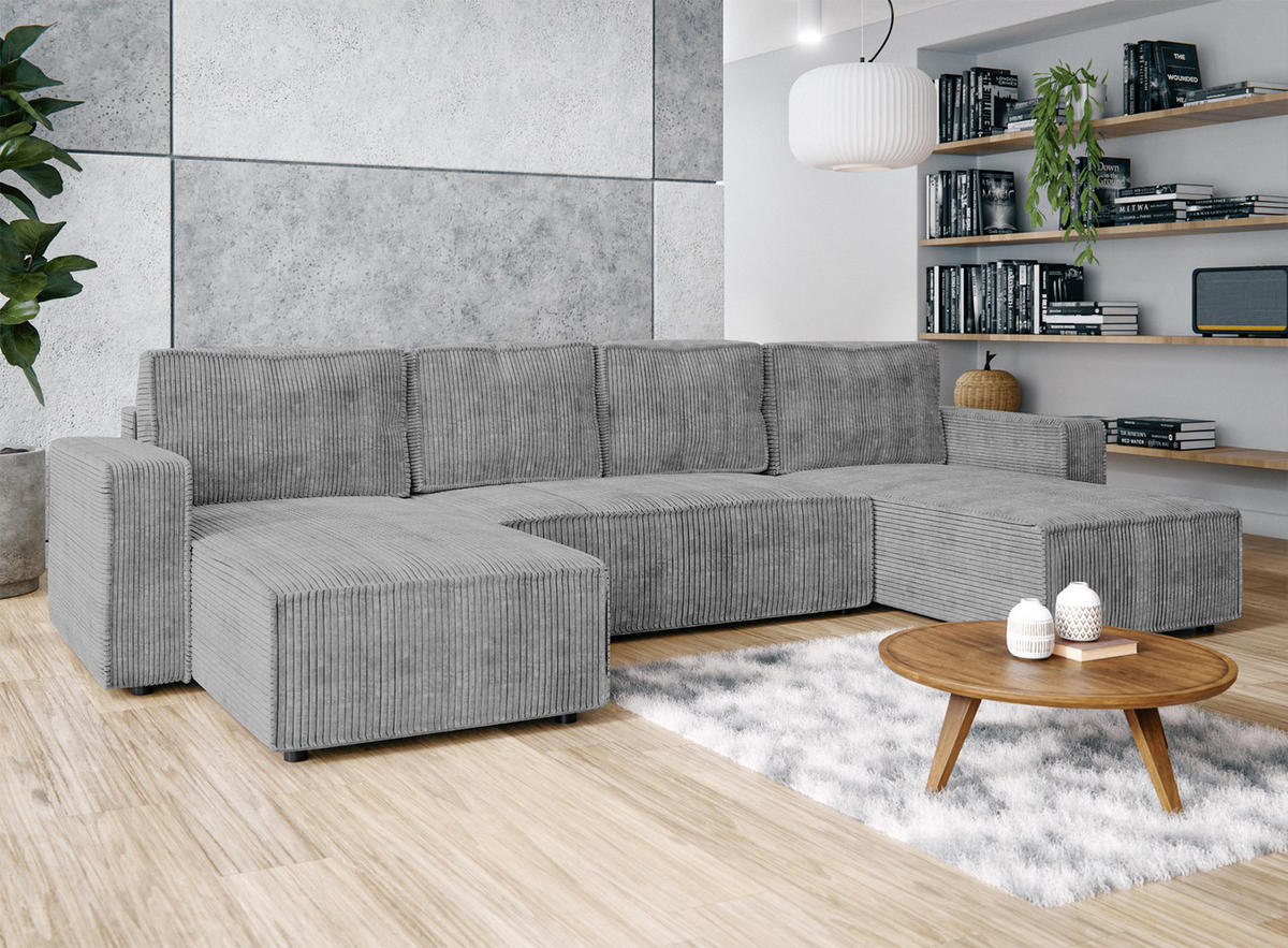 WOHNLANDSCHAFT Aydin U Form Hellgrau 338/169/85 cm Cord mit Schlaffunktion - Hellgrau/Schwarz, Kunststoff/Textil (338/85/169cm) - AX Living