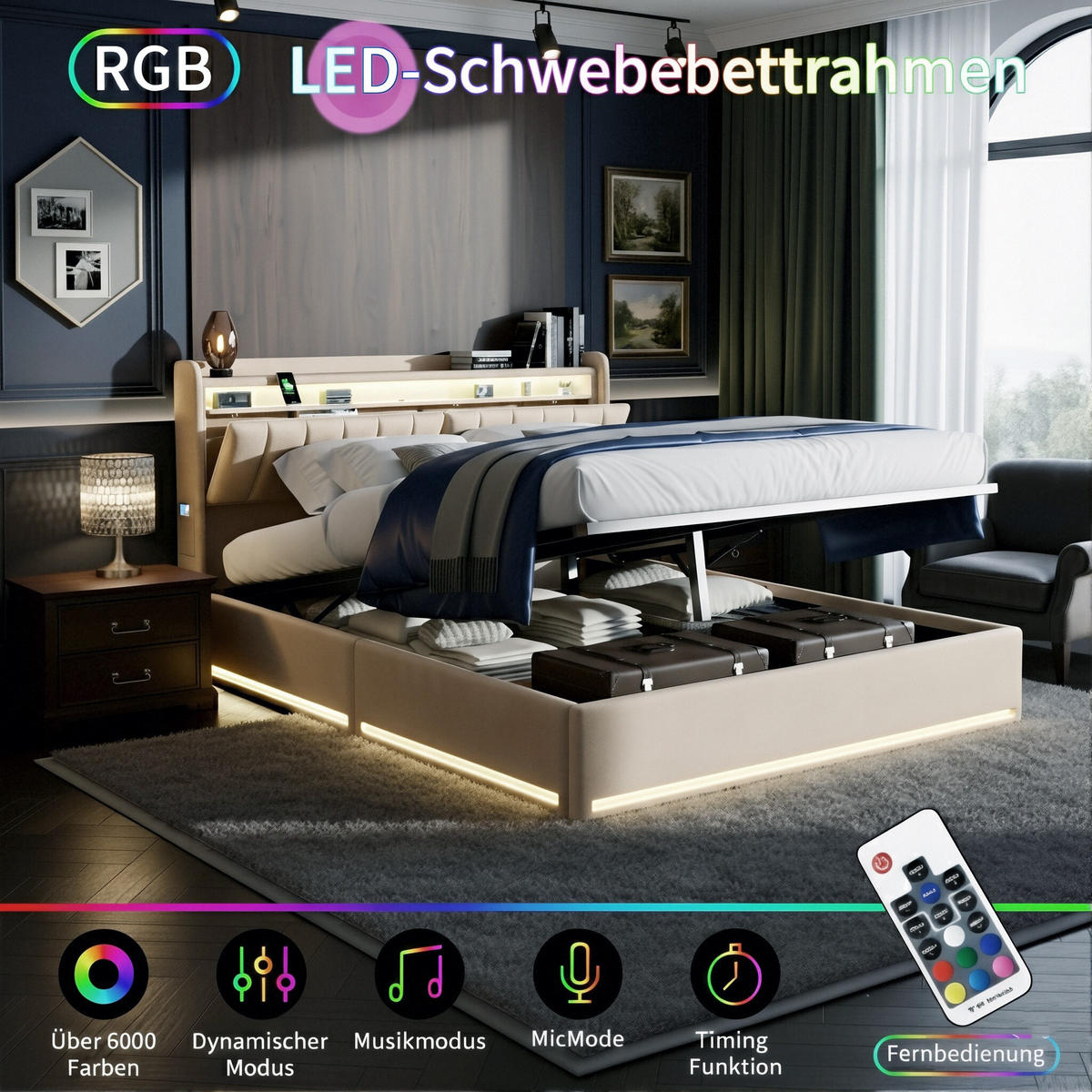 POLSTERBETT Längssteppung 140/200 cm mit Bettkasten & App-LED Samtoptik Beige - Beige, Textil (140/200cm) - Creahappy