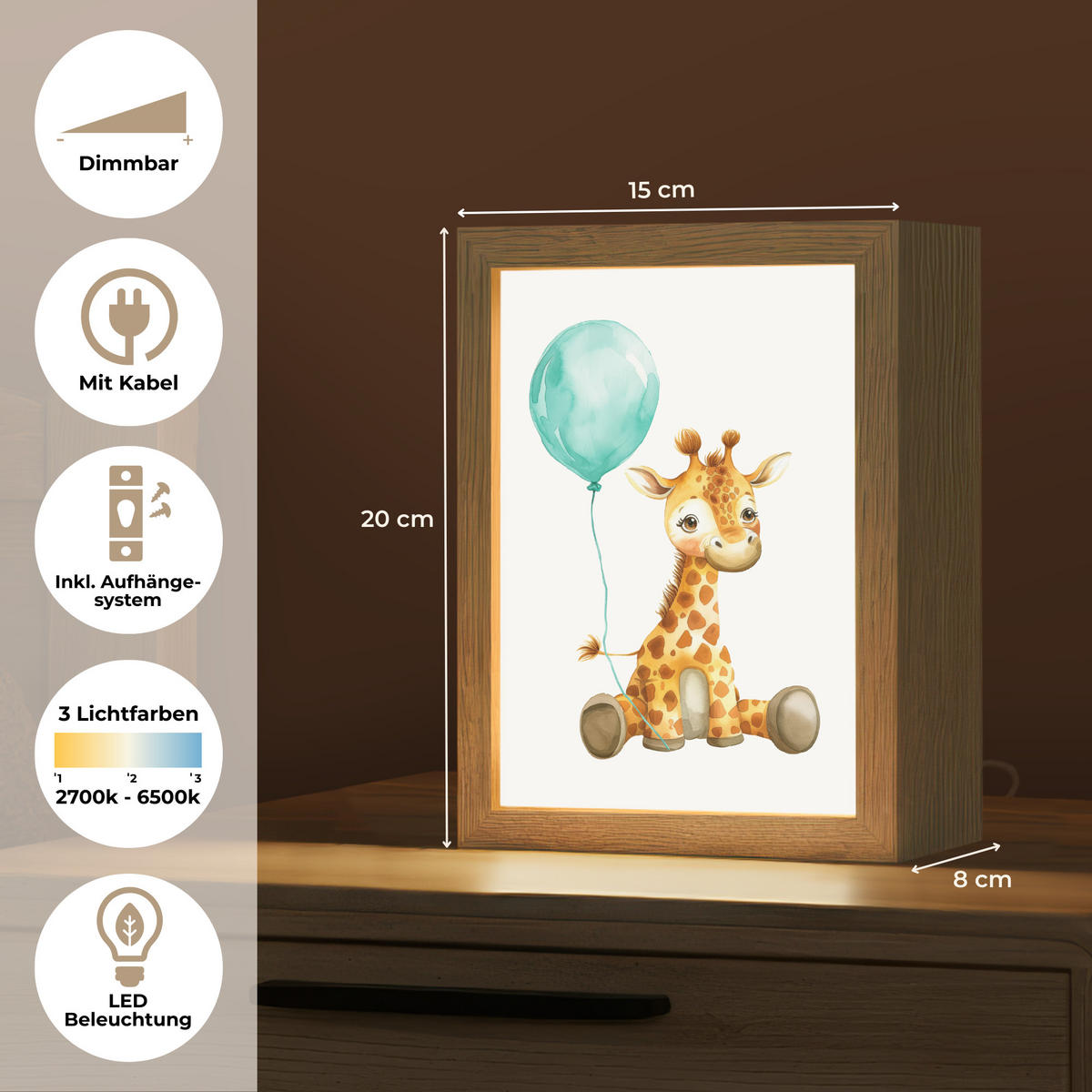 WANDLEUCHTE Giraffe - Baby - Tiere - Blauer Ballon 15x20 cm - Weiß, Holzwerkstoff (15/20/8cm) - OnlyWow