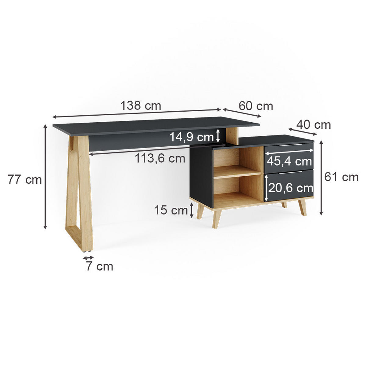 SCHREIBTISCH Nautica Anthrazit 138 x 60 cm mit Schubladen, XL - Anthrazit/Buchefarben, Holzwerkstoff (60/138/77cm) - Vicco