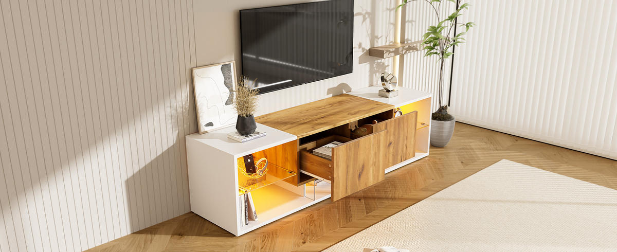 TV-SCHRANK in Weiß/Eicheoptik mit LED und 2 Schubladen 160/40/42 cm - Weiß, Holzwerkstoff (160/42/40cm) - Redom