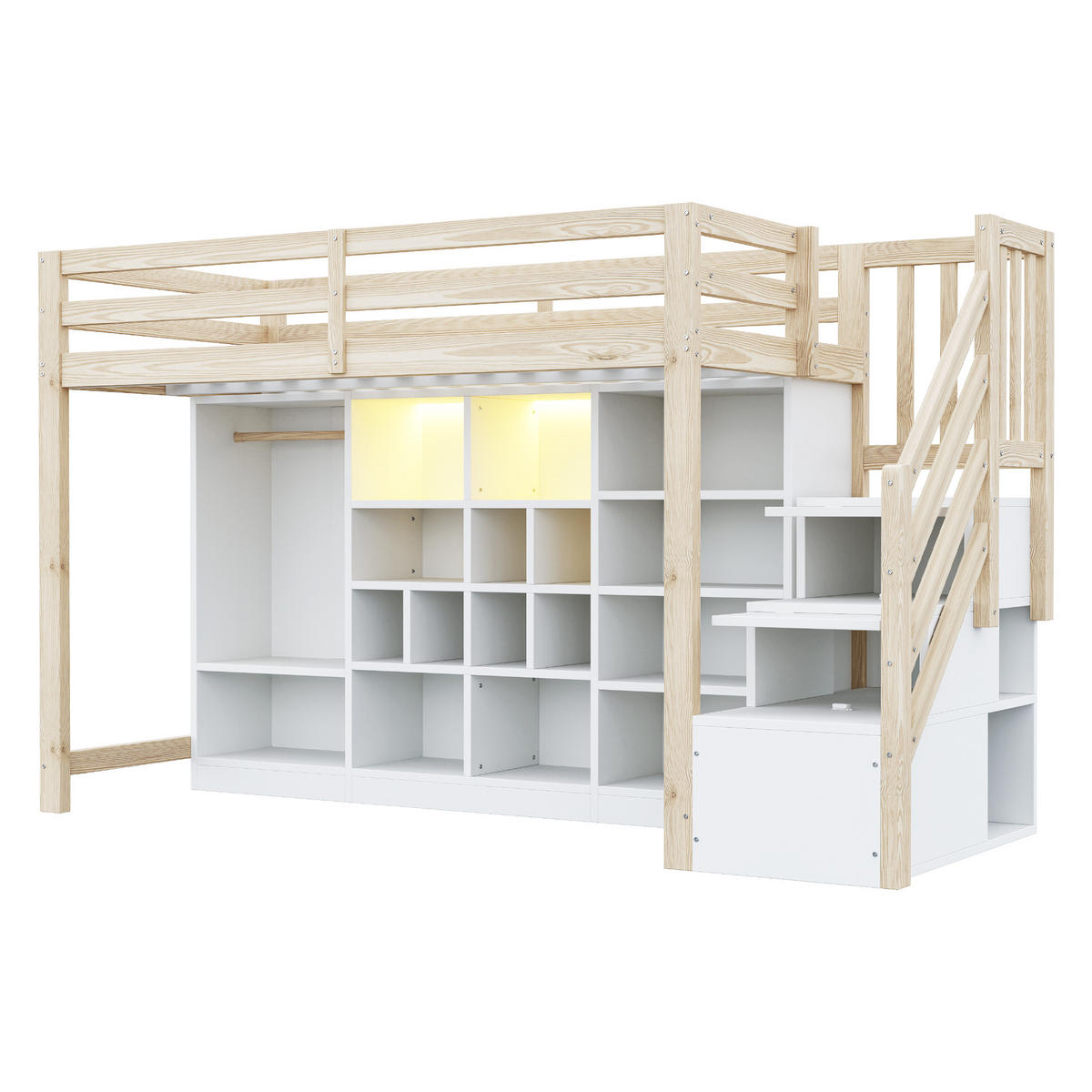 HOCHBETT 90/200 cm DE-01521, in Holzfarbe, mit Stauraumschränken, Kleiderschrank und LED-Beleuchtung - Naturfarben, Holz (90/200cm) - ComfortXL