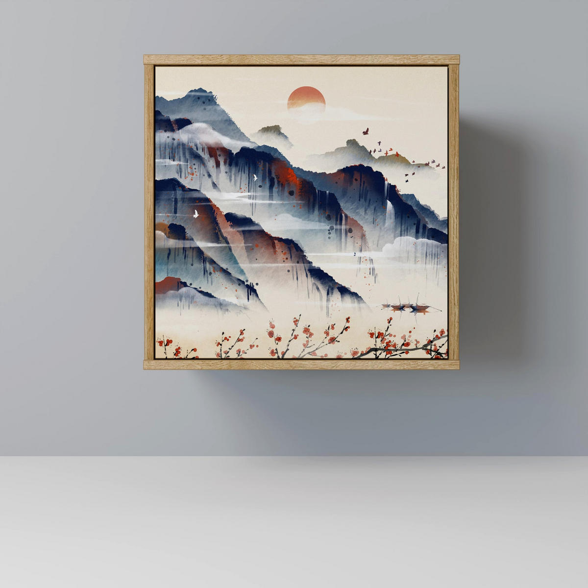 SIDEBOARD JAPANESE LANDSCAPE, Eichefarben, 57,5x42x72,5 cm, Schwarze Metallfüße - Eichefarben/Multicolor, Holzwerkstoff/Metall (57.5/72.5/42cm) - SpaceRebels