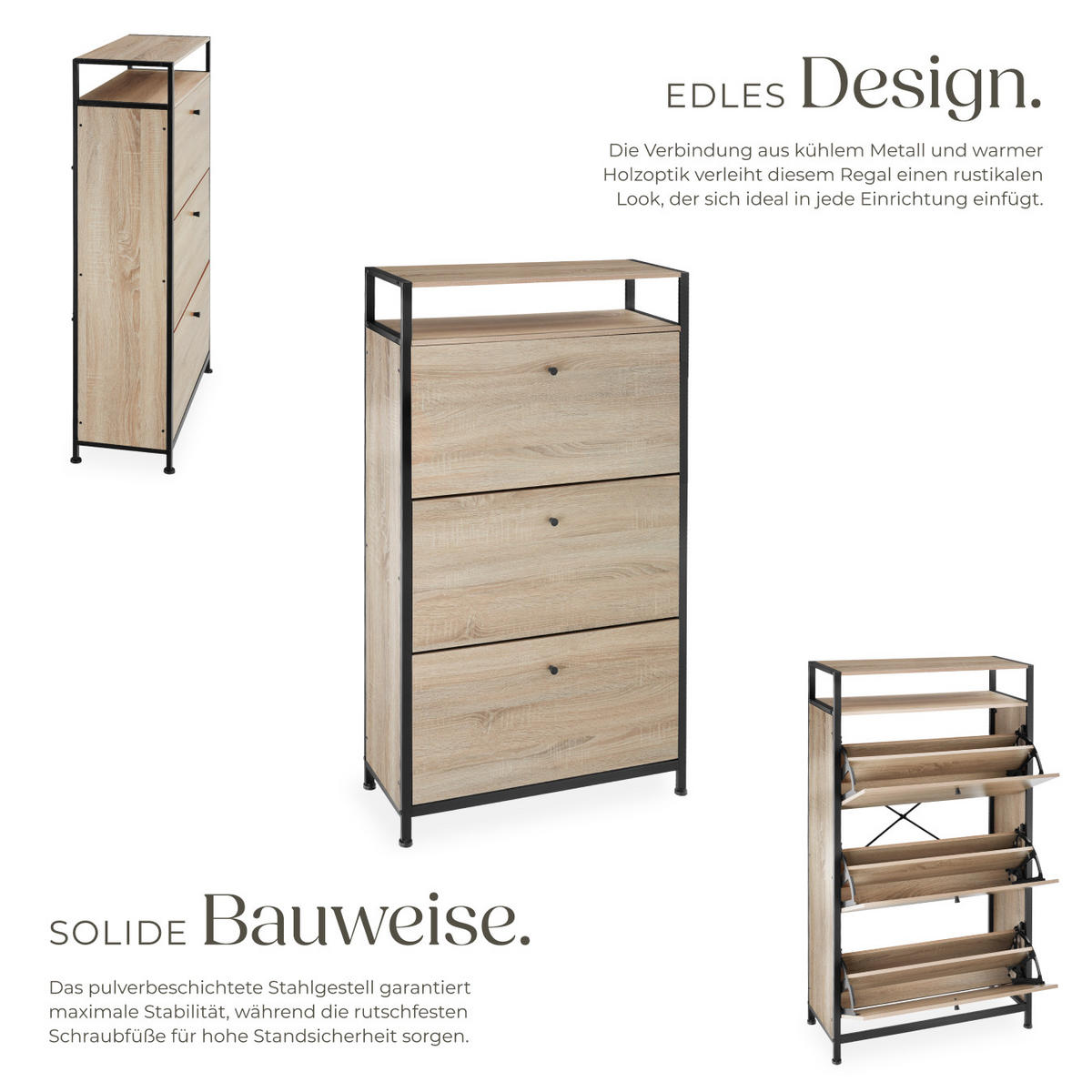 SCHUHSCHRANK Braddock,inklusive Kippschutz, 61 x 32 x 130 cm,Industrial Holz hell, Eiche Sonoma - Naturfarben, Holzwerkstoff (32/130/61cm) - tectake