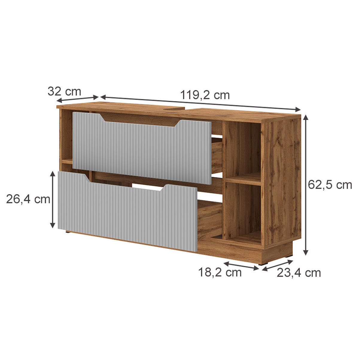 WASCHBECKENUNTERSCHRANK Lotta Eiche/grau gestreift 119.2 x 62.5 cm mit 2 Schubladen - Grau, Holzwerkstoff (119.2/62.5/32cm) - Vicco