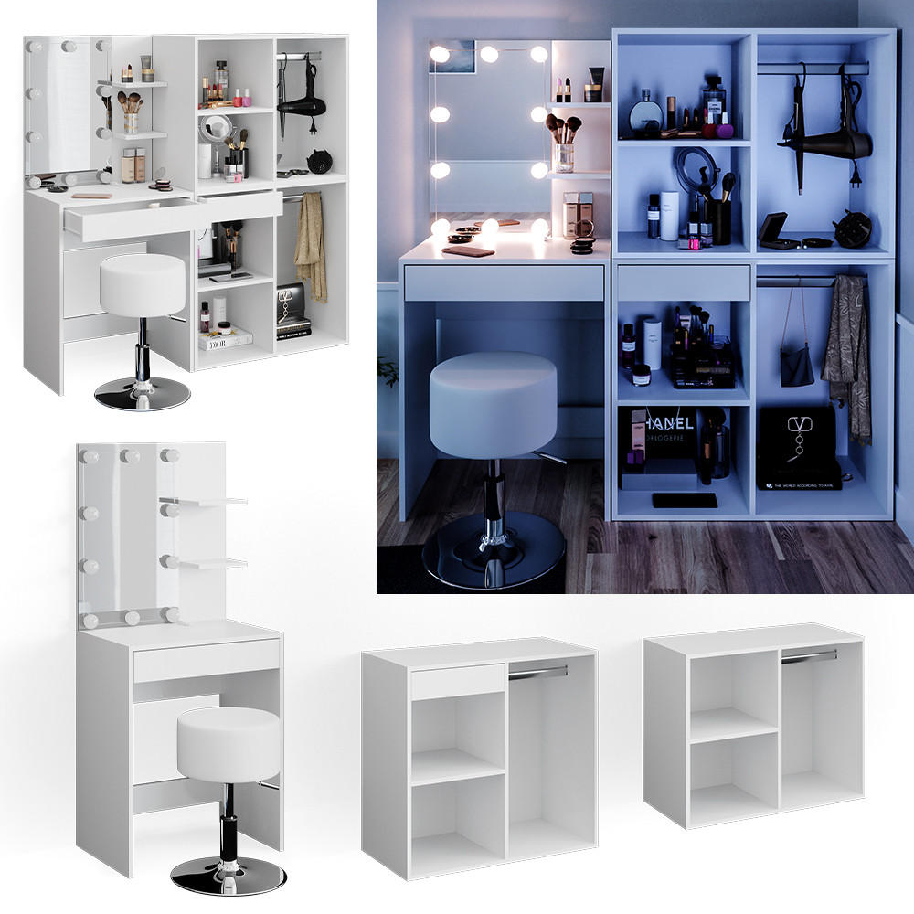 SCHMINKTISCH Isabelle Weiß 60 cm mit LED, Hocker und Schränken - Weiß, Holzwerkstoff (60/140/40cm) - Vicco