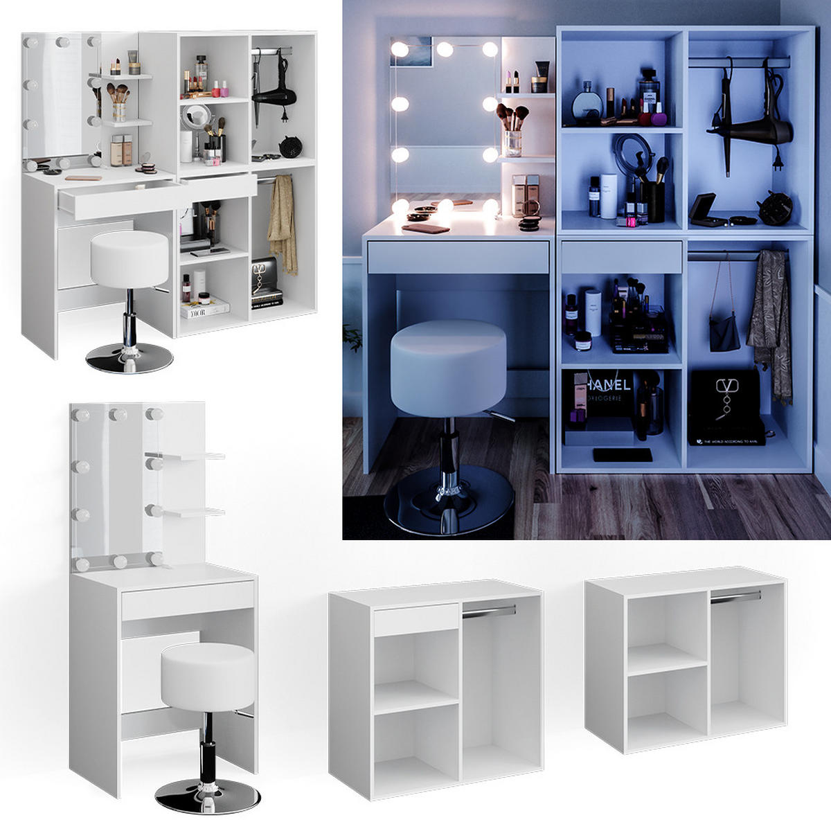 SCHMINKTISCH Isabelle Weiß 60 cm mit LED, Hocker und Schränken - Weiß, Holzwerkstoff (60/140/40cm) - Vicco