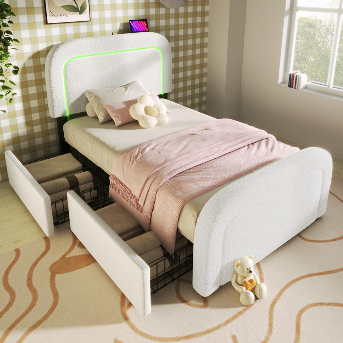 POLSTERBETT 90/200 cm mit LED-Beleuchtung, USB/Type-C am Kopfteil & 2 Schubladen, Weiß - Weiß, Textil (90/200cm) - Redom